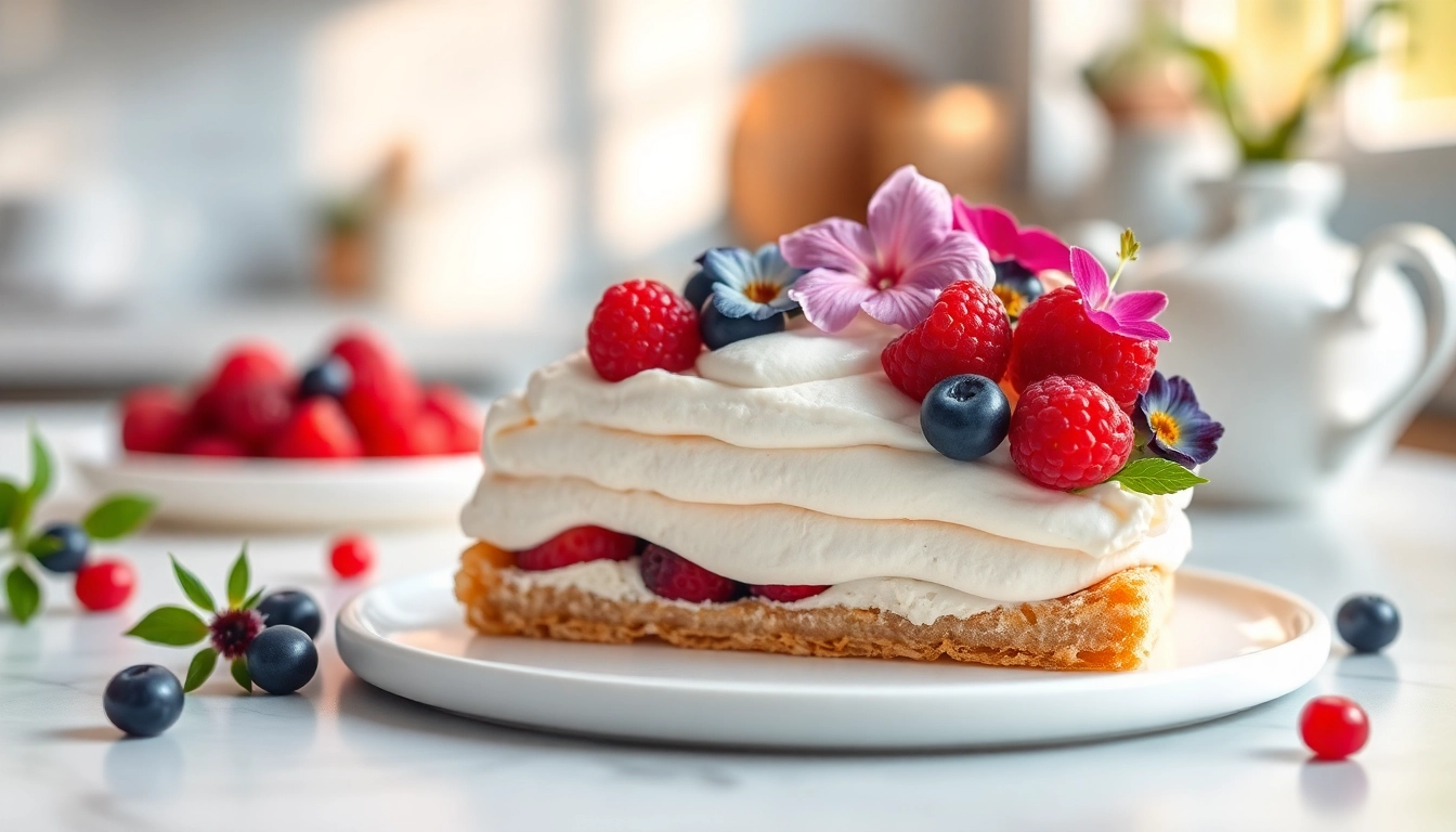 Heerlijke mousseline crème op een feestelijk dessert, prachtig gepresenteerd met vers fruit.