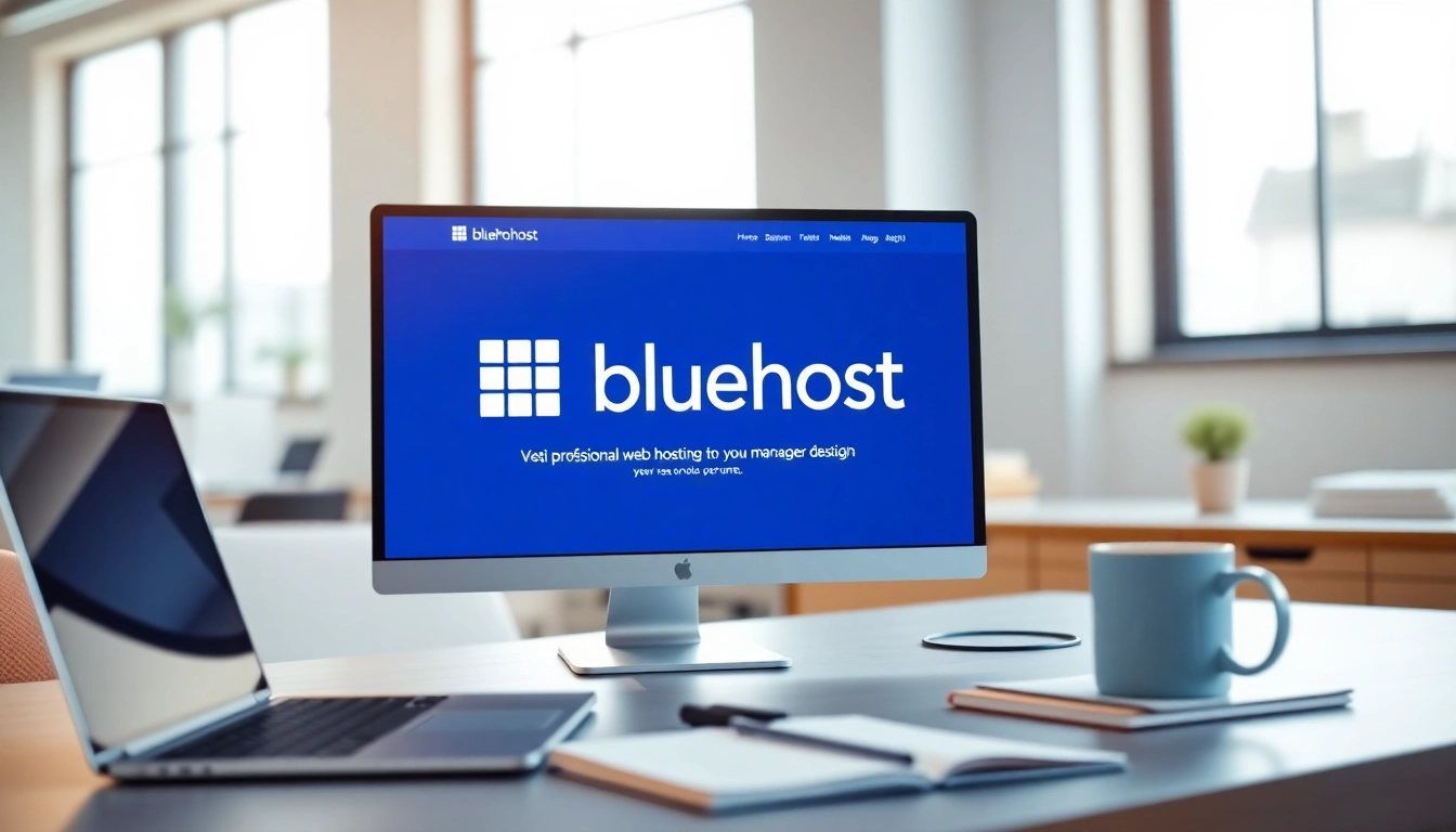 Showcasing Bluehost's web hosting services in a professional workspace with modern technology.