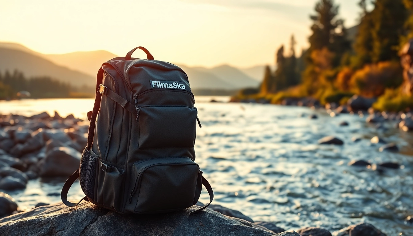 Man adjusting a fly fishing backpack at a river's edge, showcasing durability and comfort.