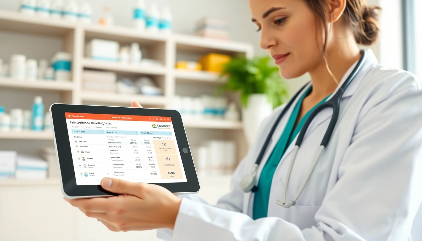 Highlighting advantages of using eprescription apps, healthcare provider reviews digital prescriptions in a modern clinic.